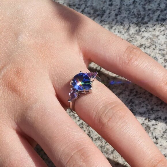NEW 925 Sterling Silver Diamond Ring Sapphire & Amethyst Pear Cut Teardrop Ring - Picture 4 of 7